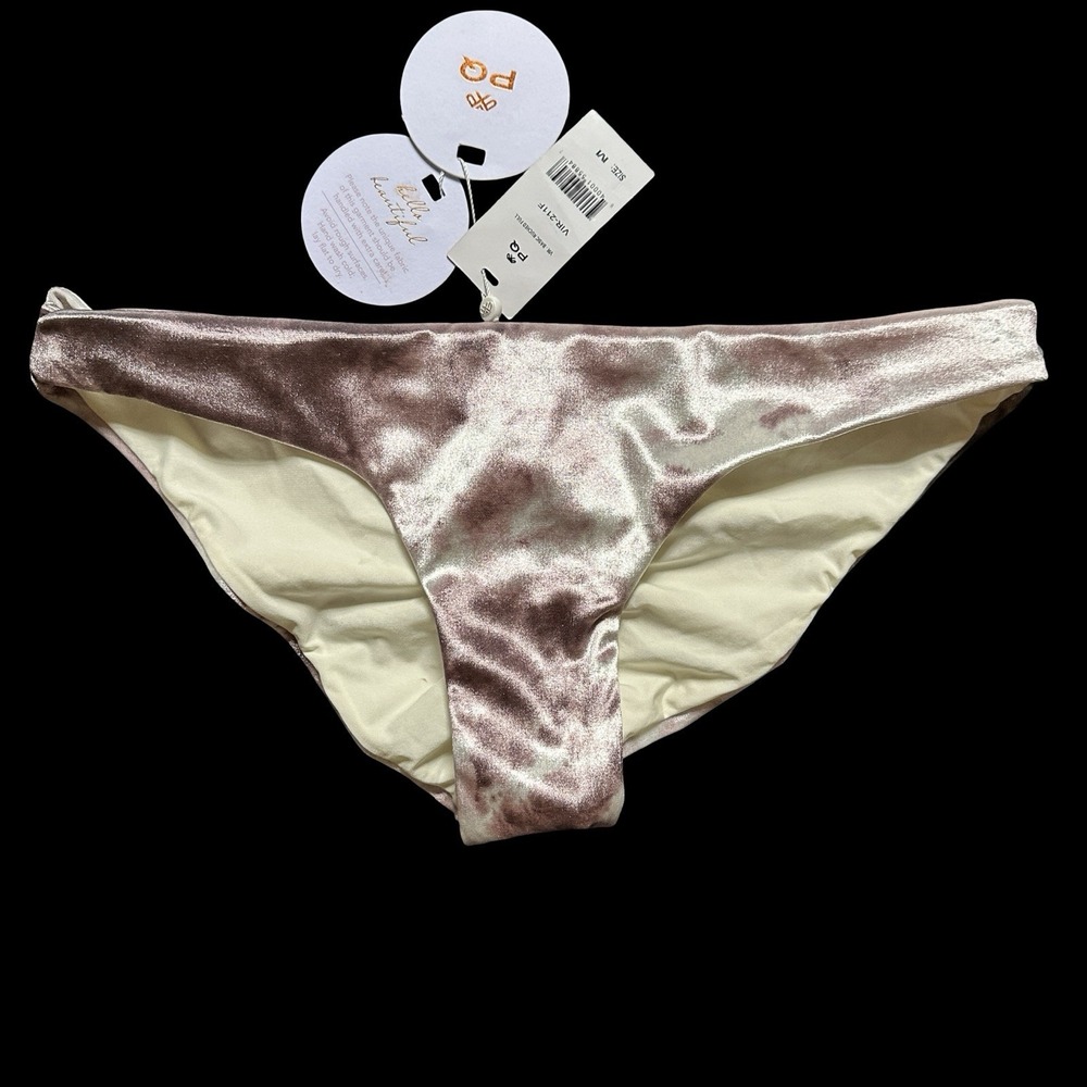 PQ Swim Blush‎ Pink Velvet Ruched Bikini Bottom Size M Shimmer Cheeky NWT
